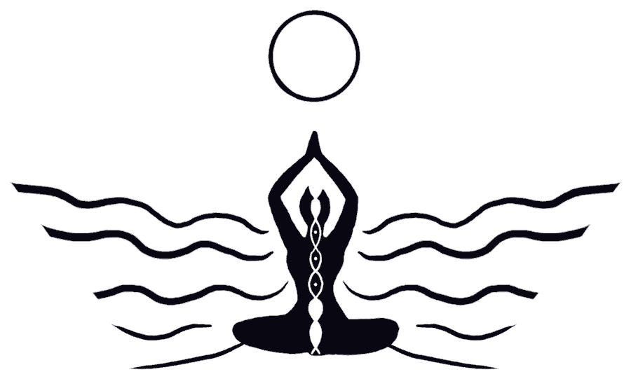 Illustration of a figure meditating beneath the sun with ocean waves and birds, symbolizing retreats around the world